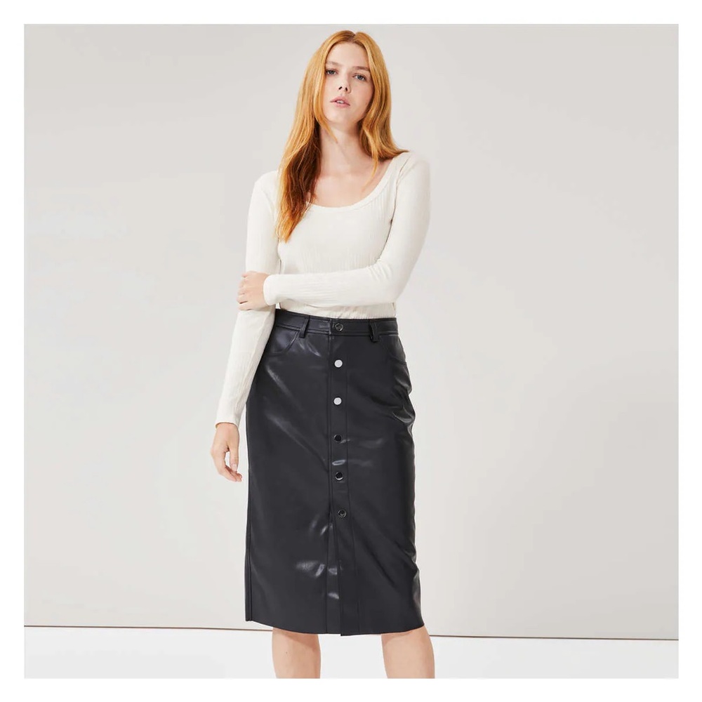 Joe Fresh Black Pleather Midi Skirt Button Up